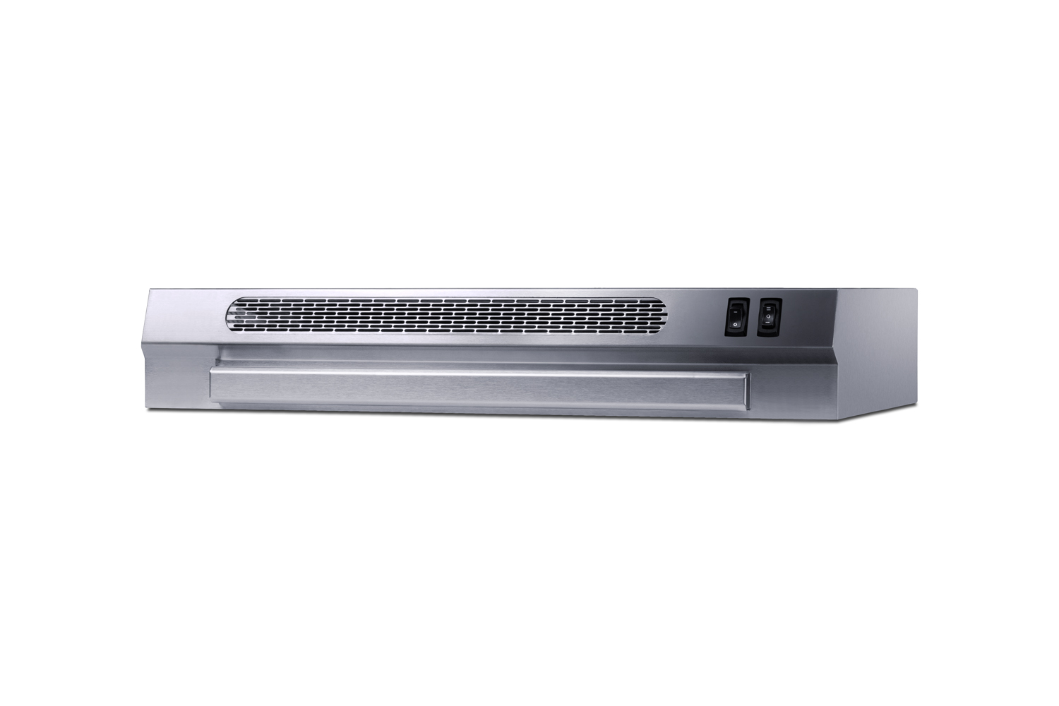 24 inch wide ADA compliant under cabinet retractable range hood for ductless use in stainless steel, made in the USA with separate wall switch for ADA applications